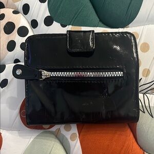 Black Patent Leather-Look Makeup Bag with Zipper Pocket